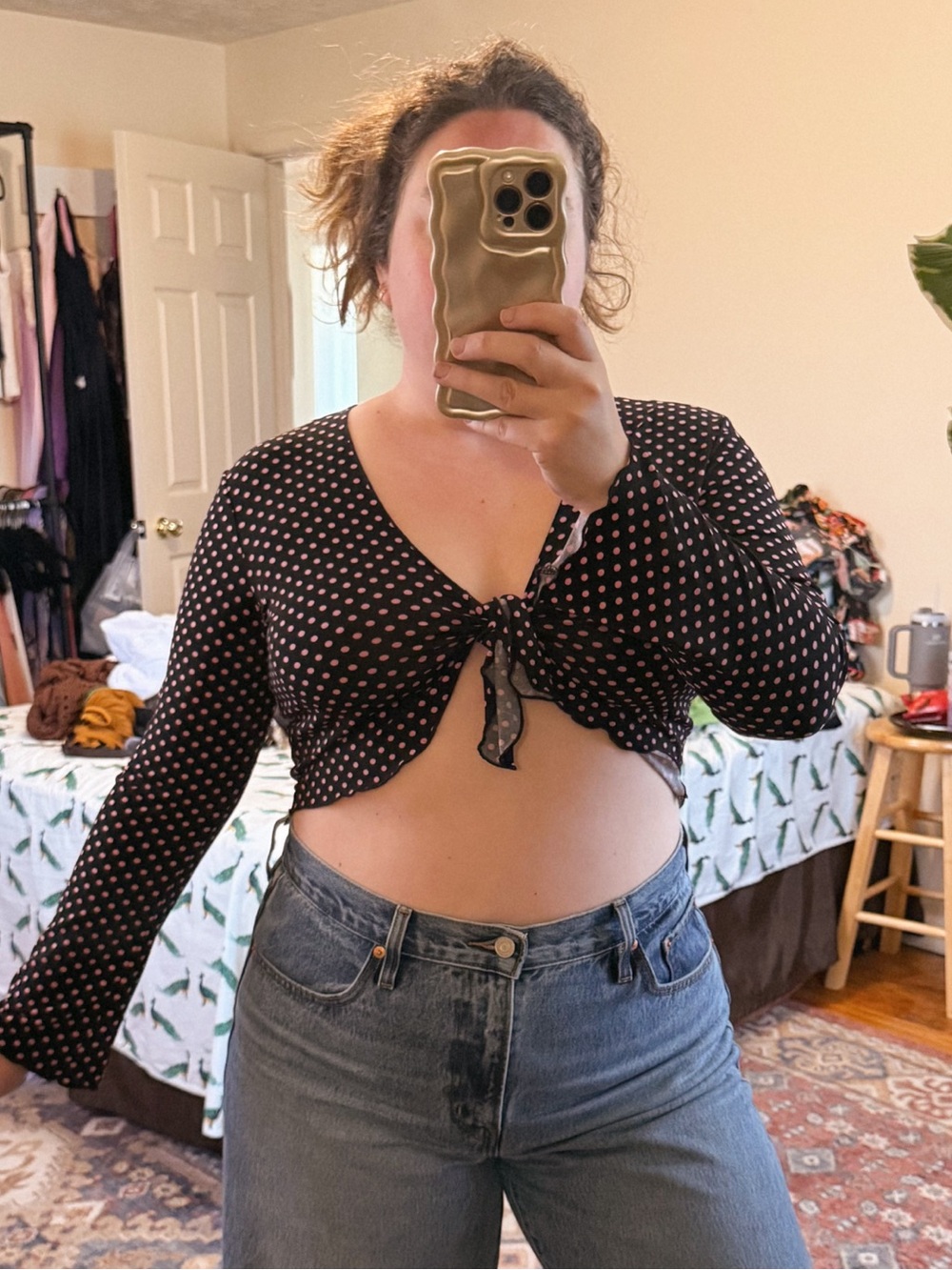 Vol 1 Y2K black & pink polka dot long sleeve tie top